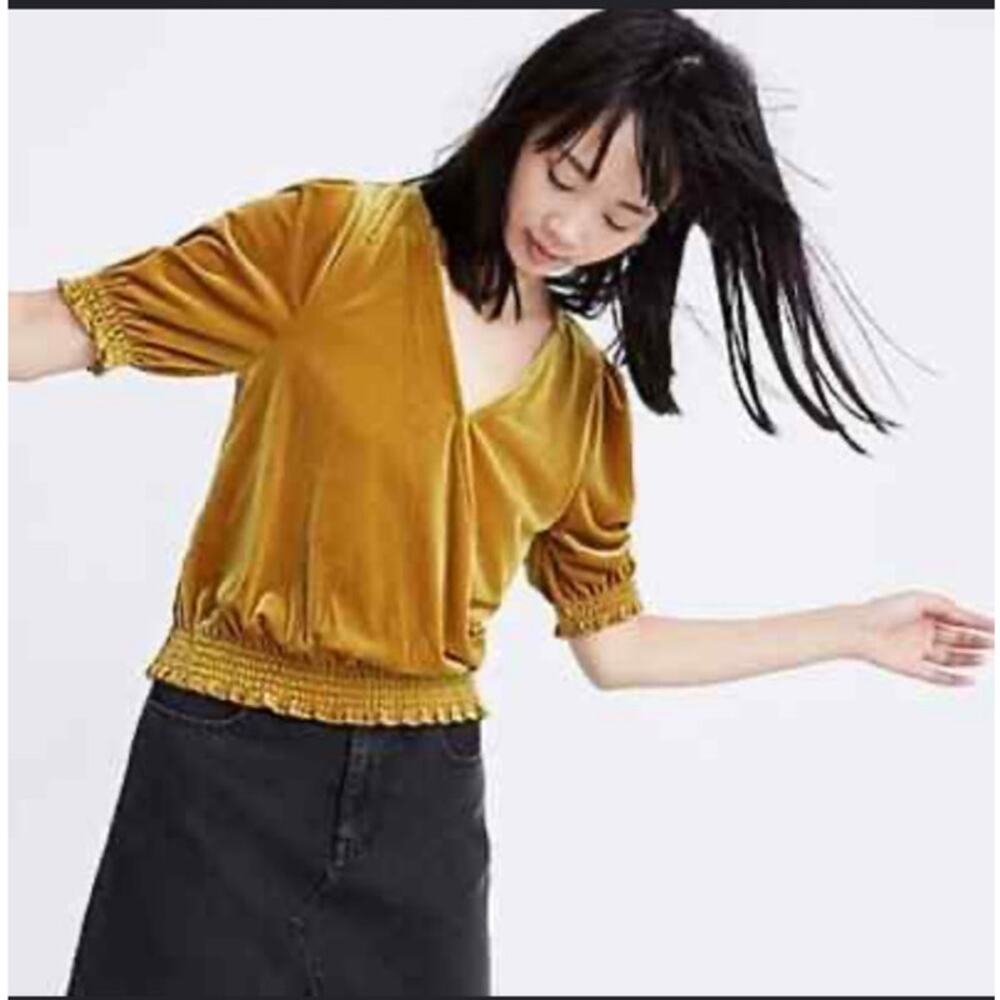 NEW Madewell Gold Velvet Smocked Cross Over Short Sleeves Top